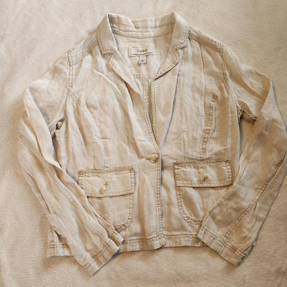 Caslon 100% Linen Utility Blazer Jacket Beige Cream Size S EUC